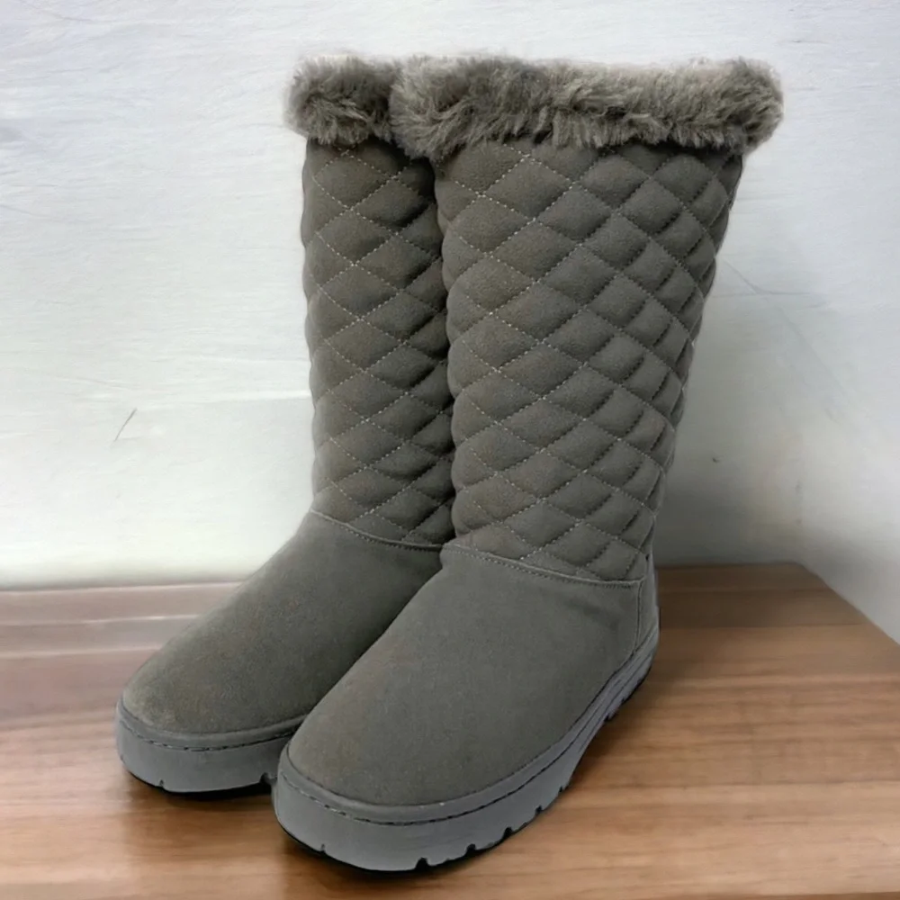 Style & Co. Suede Boot Nickyy Cold Weather Quilted Faux Fur Trim Grey Size 6